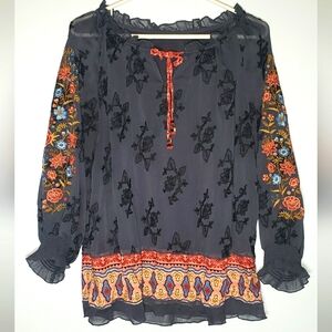 Floral Embroidered Navy Blue Blouse